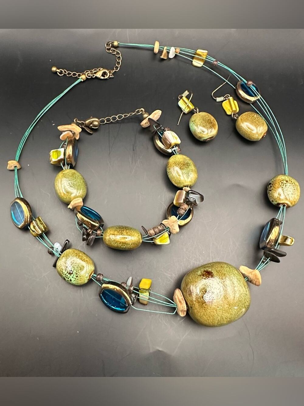 Premier Designs Island Girl Necklace Bracelet Earrings Jewelry Set Blue Green